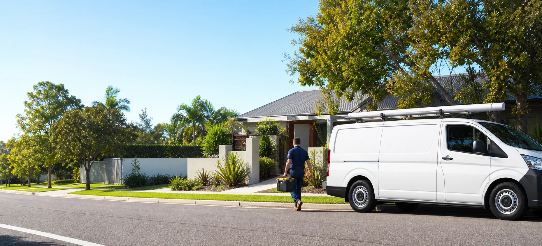 Electrician approaching a Brisbane home from an unbranded service van