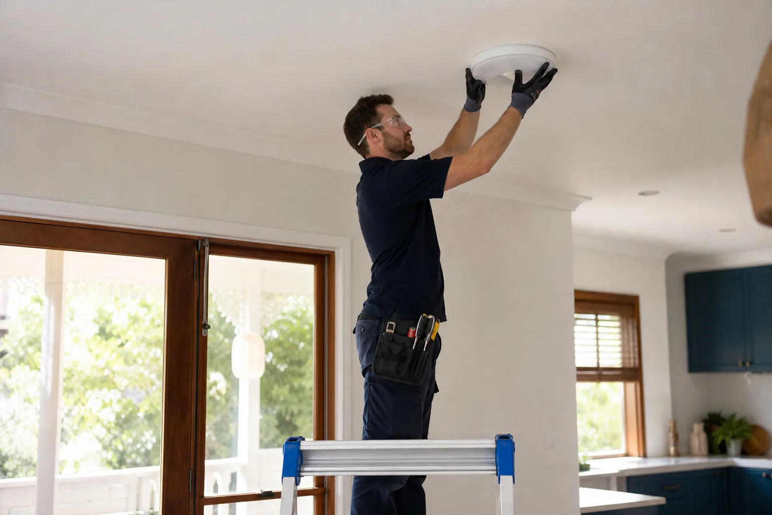 Electrician installing a residential ceiling light