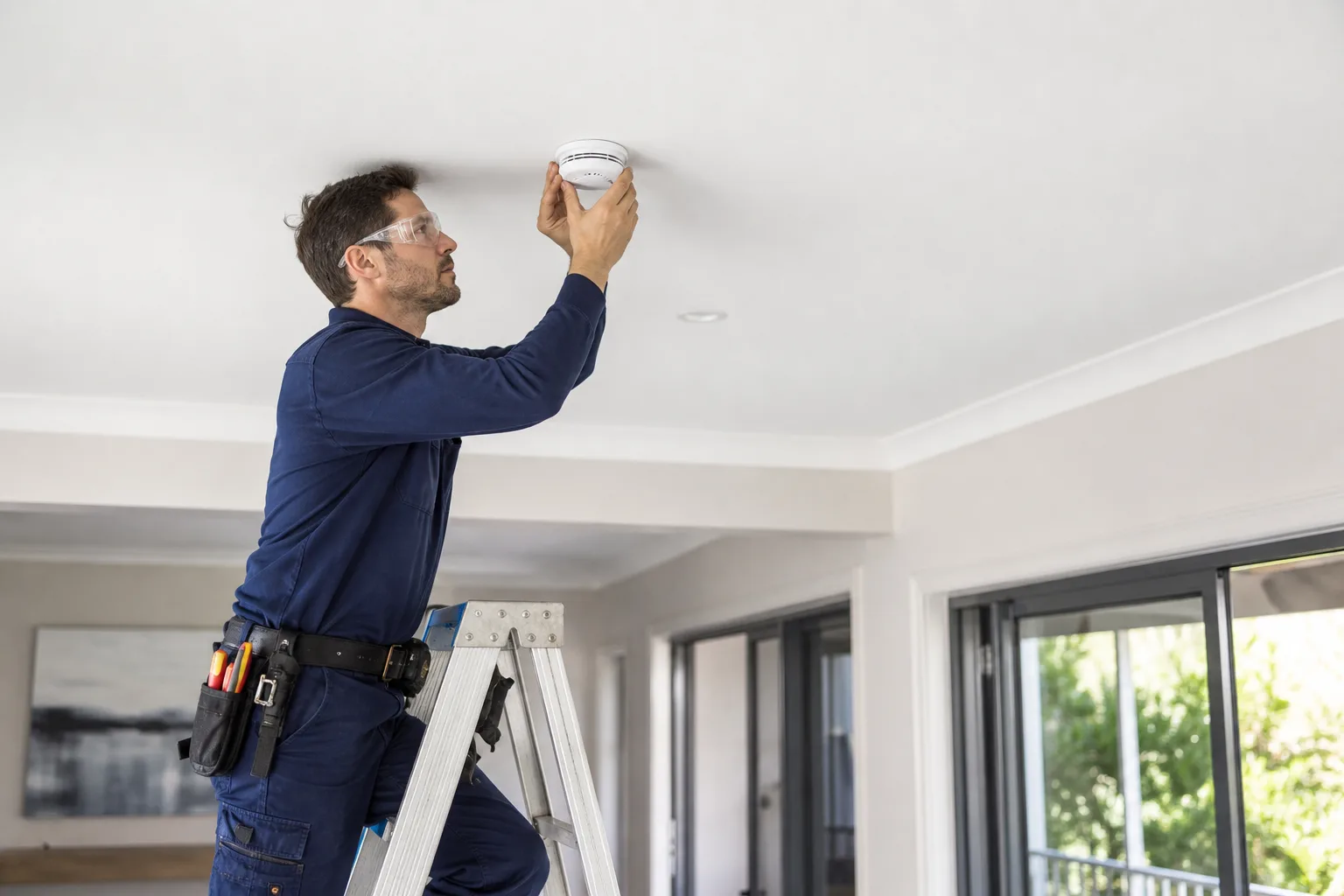 Electrician installing an interconnected smoke alarm