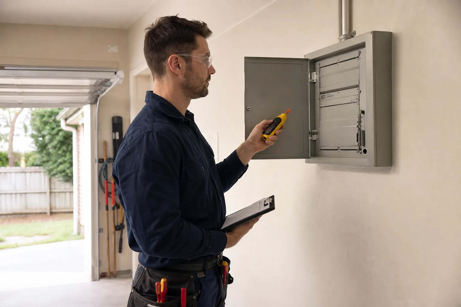 Electrician inspecting a residential switchboard